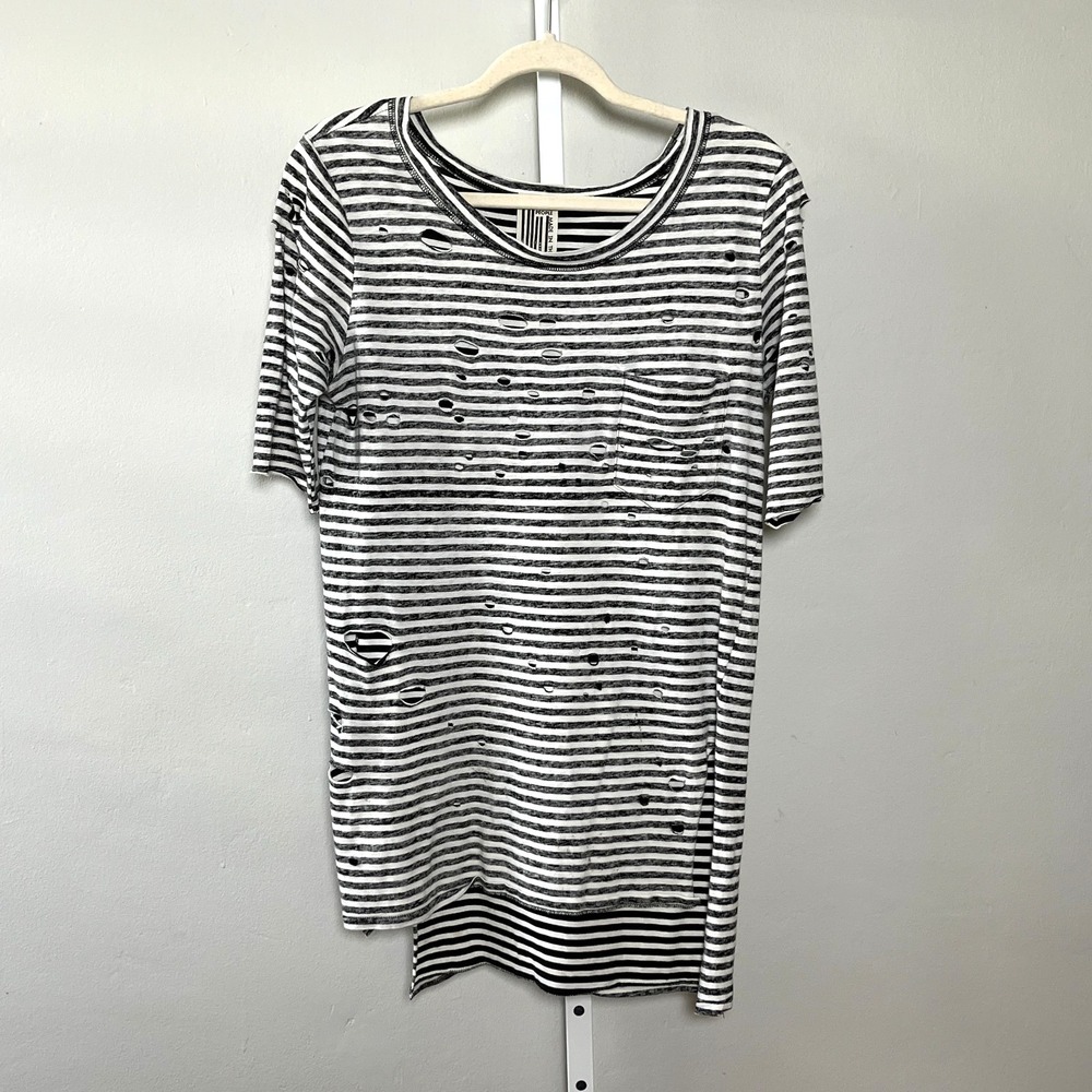 Free People Distressed Reverse Striped T-Shirt Oversized XS 90s Grunge Edgy Boho